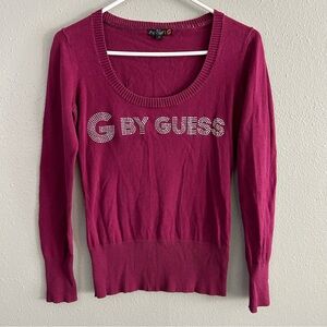 G By Guess Y2K Rhinestone Bling Embellished Spellout Red Long Sleeve Sweater M